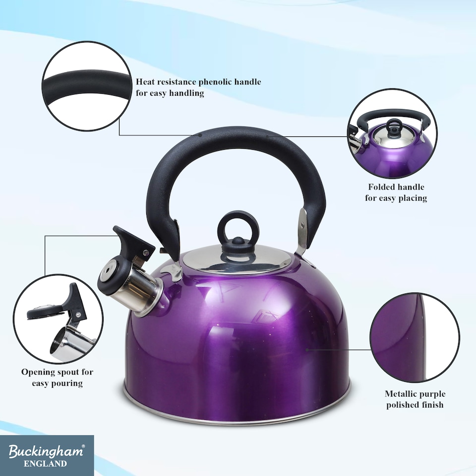 image 1 of Buckingham Camping Whistling Kettle Met Purple Colour Coated Stainless Steel with Heat Resistant Phenolic Handle 2.5 L