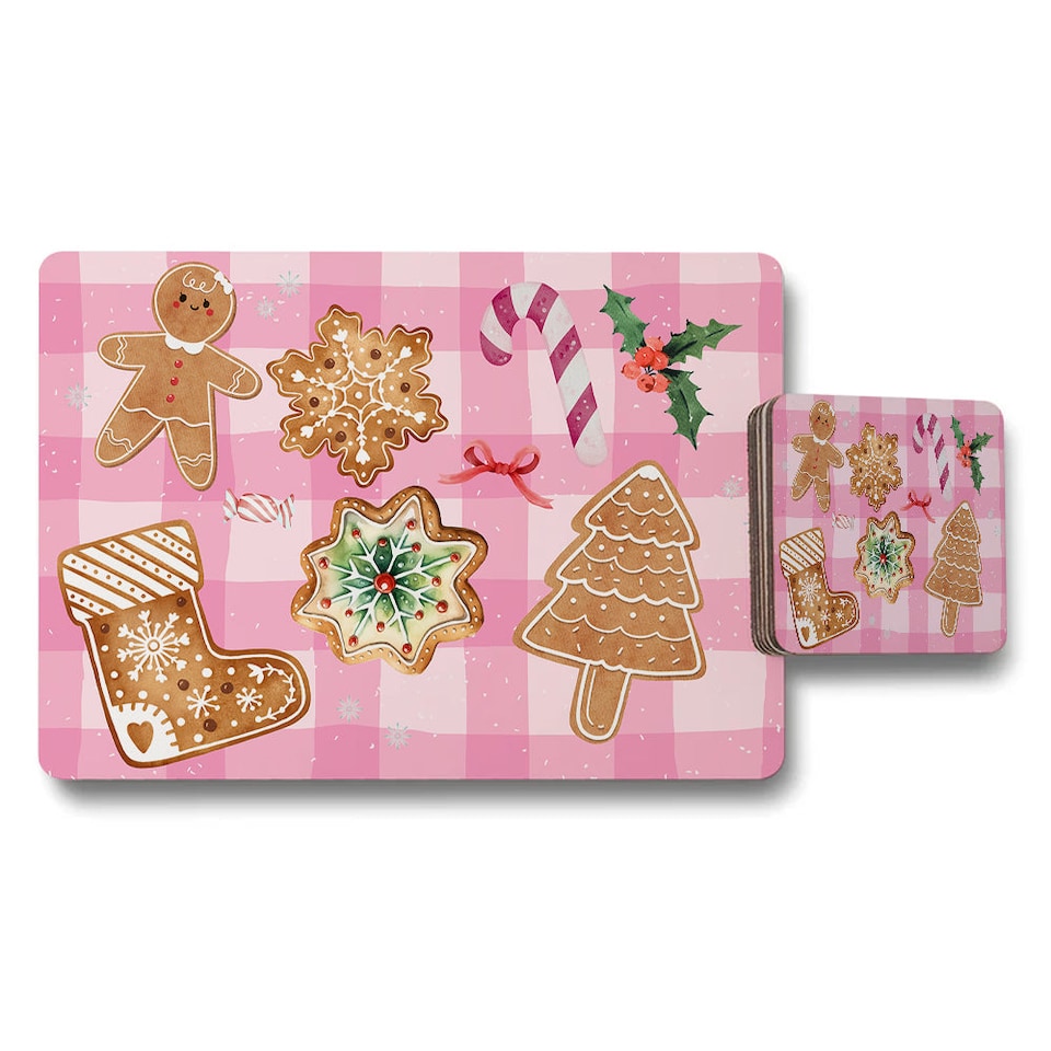 image 1 of Pink Christmas Placemat And Coaster Set With Gingerbread Cookies