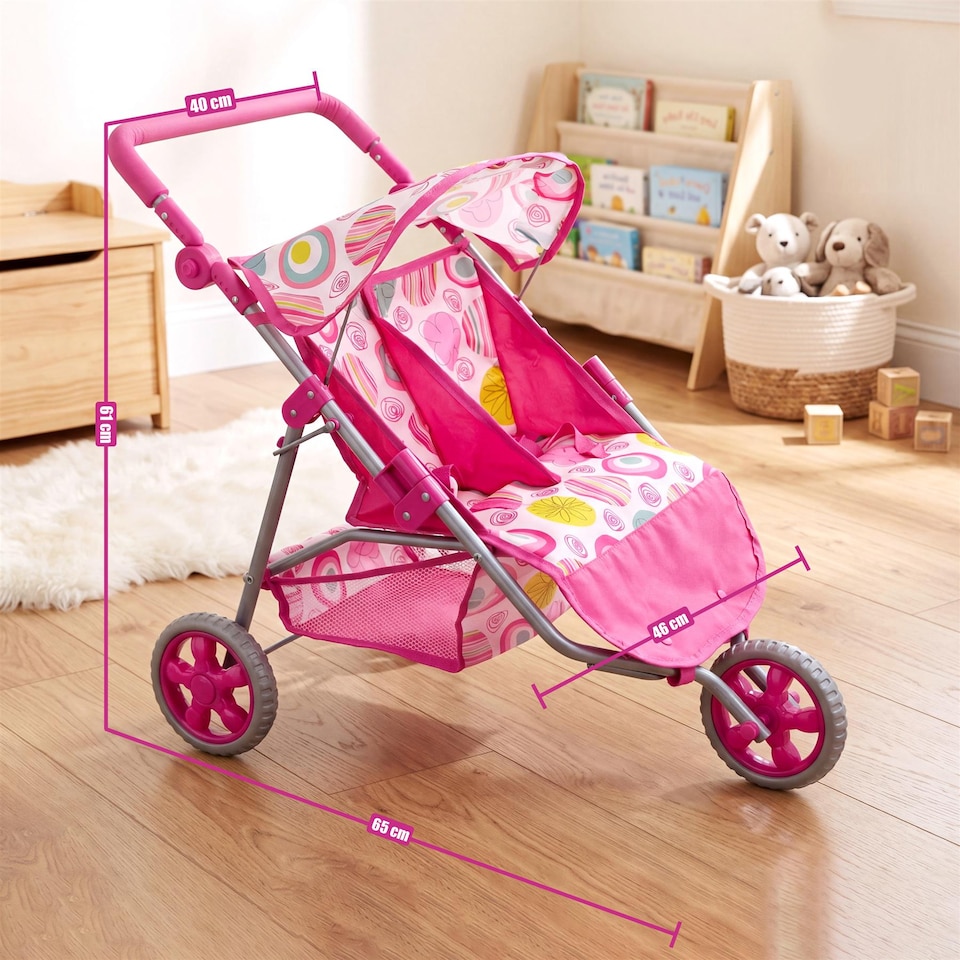 image 1 of BiBi Doll 3 Wheeler Twin Dolls Pink Pushchair Toy with Canopy & Basket For Up To 20" Dolls