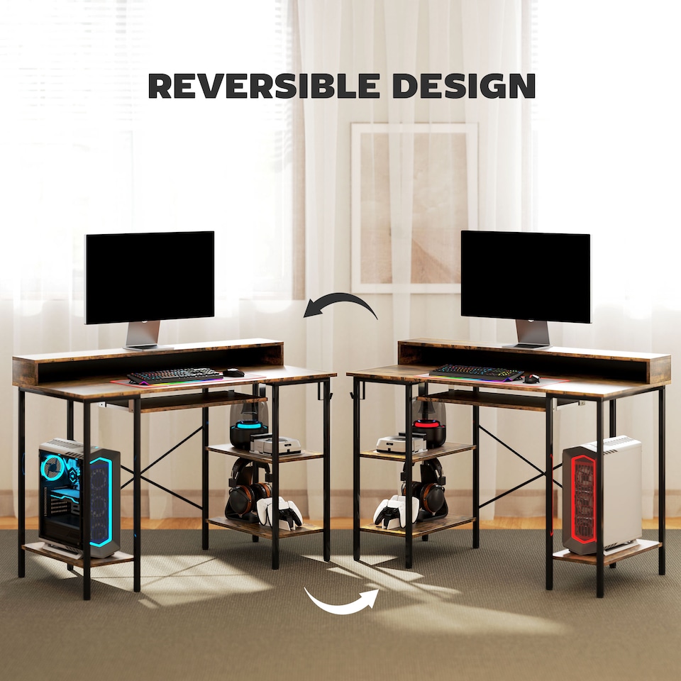 image 1 of HOMCOM Computer Desk with LED Lights and Power Outlets, 120 x 55 cm Gaming Desk with Monitor Stand, Sliding Keyboard Tray and Storage Shelves for Home Office, Rustic Brown | Brown