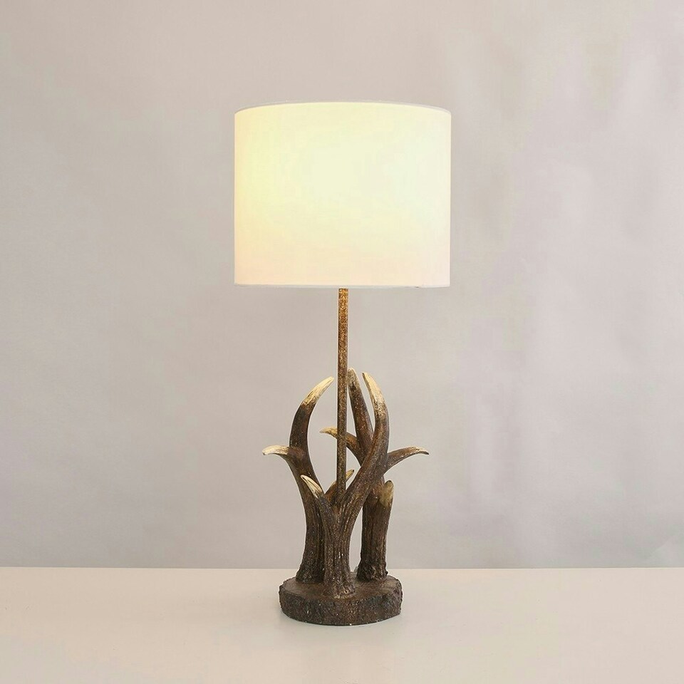 image 1 of ValueLights Caribou Natural Painted Brown Table Lamp with Small White Drum Shade and E27 Globe LED 4W Warm White 2700K Bulb | White