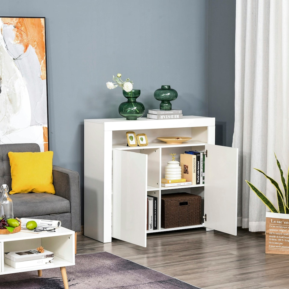image 1 of HOMCOM Modern High Gloss RGB LED Cabinet Cupboard Sideboard Console White