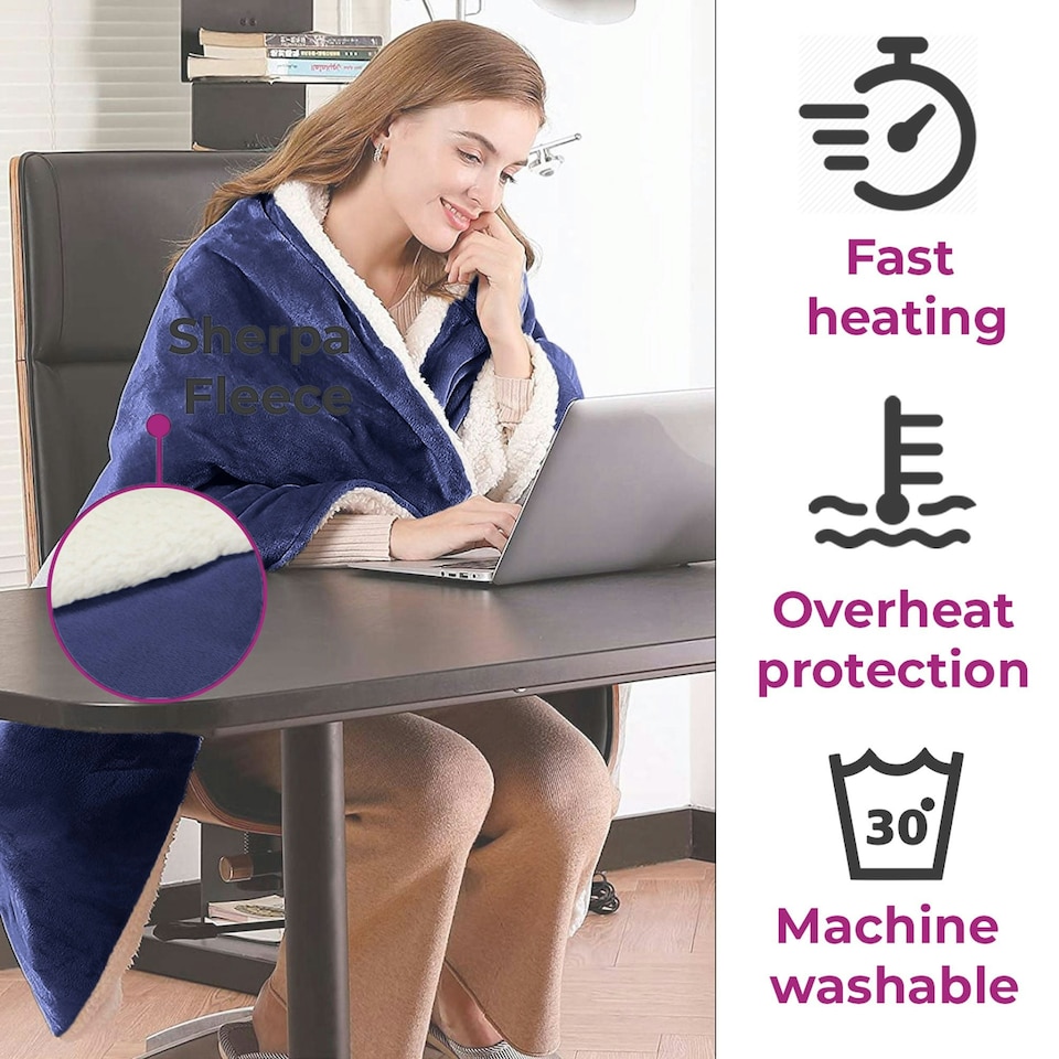 image 1 of Navy Electric Heated Throw Over Blanket - Reversible