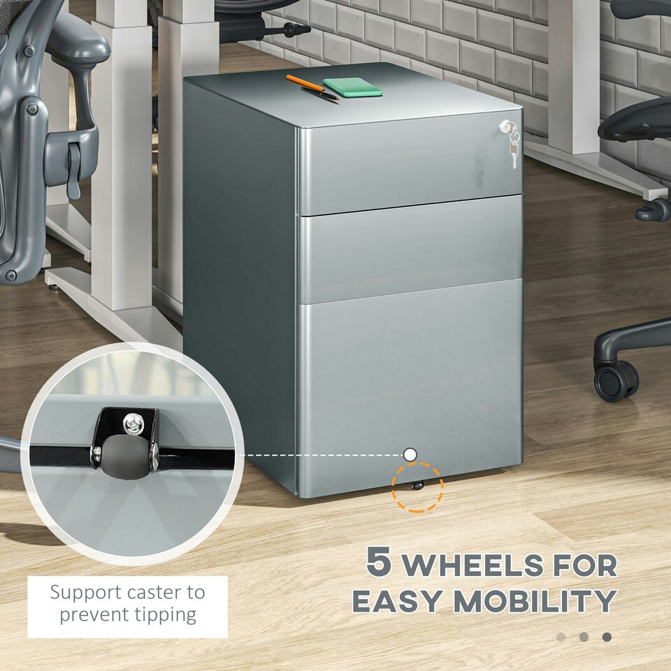 image 1 of Vinsetto 3 Drawer Metal Filing Cabinet Lockable 5 Wheels Compact Under Desk Grey