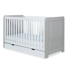 Pembrey Cot Bed, Under Drawer & Fibre Mattress - Convertible, Adjustable Mattress Base, Birth to 4 Years (Ash Grey & White)
