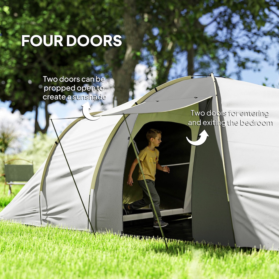 image 1 of Outsunny 4-6 Man Tunnel Tent with 2 Bedroom, Living Area and Vestibule, Large Camping Tent with Groundsheet, 2000mm Waterproof, UV50+, Portable Bag, for Fishing Hiking Festival, Grey and Yellow