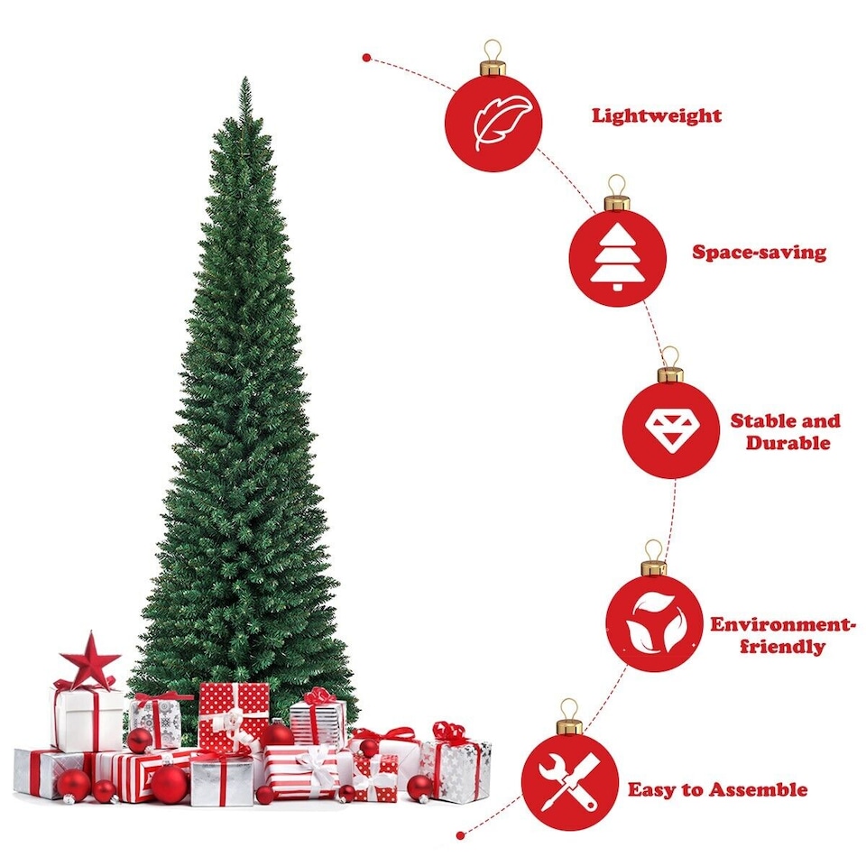 image 1 of COSTWAY 7Ft Slim Pencil Artificial Christmas Tree Home Decor w/Solid Metal Legs Green