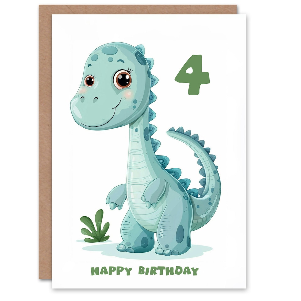 image 1 of Cute Dinosaur Cartoon Age 4 Year Old Kids 4th Birthday Card