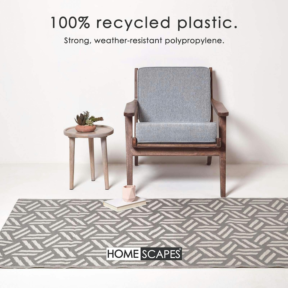 image 1 of Homescapes Outdoor Rug Luxury Waterproof Reversible Recycled, For Garden, Luna Geometric | Grey | Grey and White