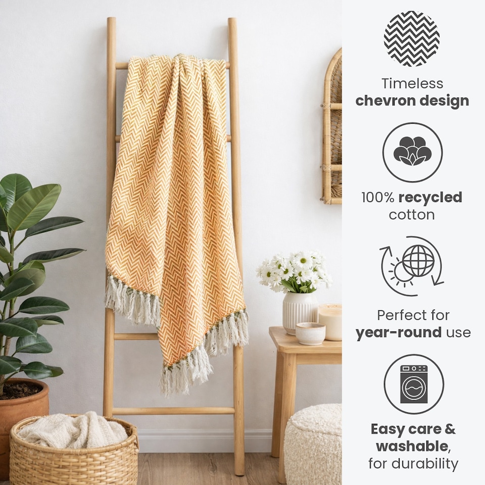 image 1 of Large Cotton Chevron Herringbone Sofa Throw Blanket - 150 x 200cm | Yellow | Mustard | One Size | 1