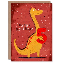 Spiky Yellow Red Dinosaur Cartoon Cute 5th 5 Year Old Child Kids Birthday Card
