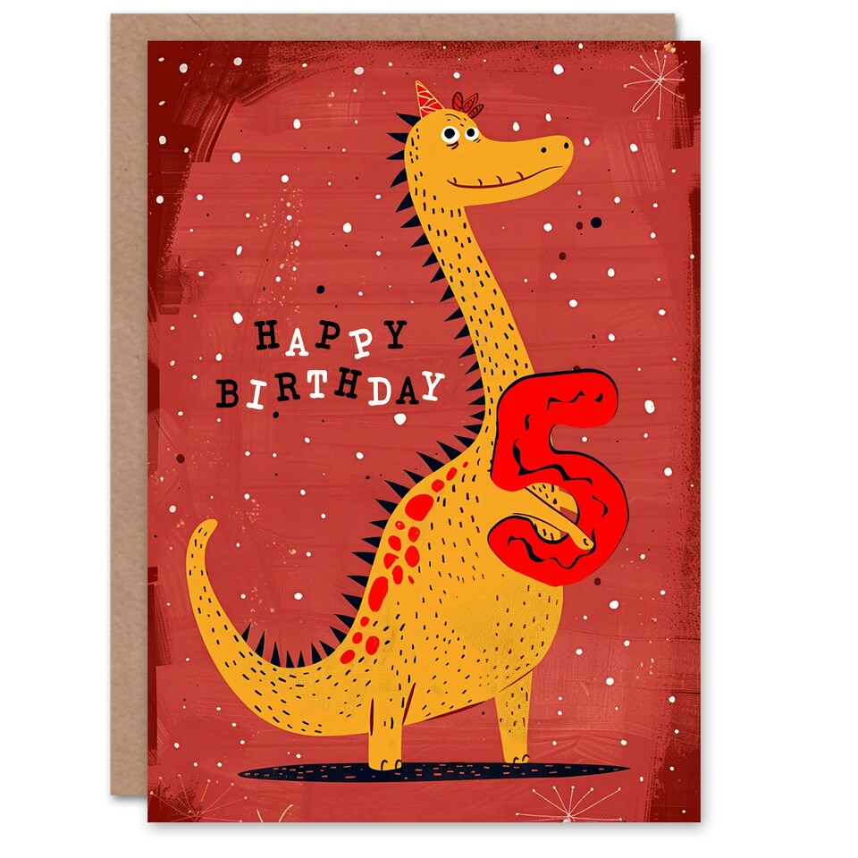image 1 of Spiky Yellow Red Dinosaur Cartoon Cute 5th 5 Year Old Child Kids Birthday Card