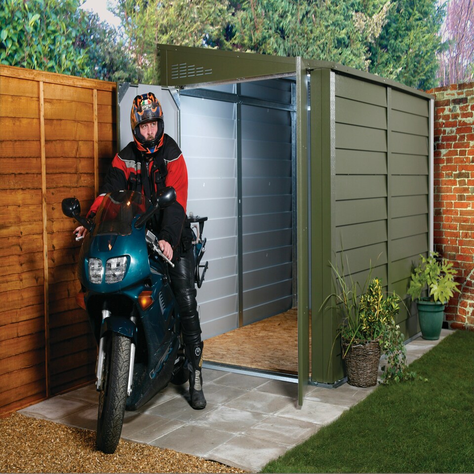 image 1 of 9 x 5 ft Trimetals Titan 950 Pent Roof Metal Shed - Double Door Green