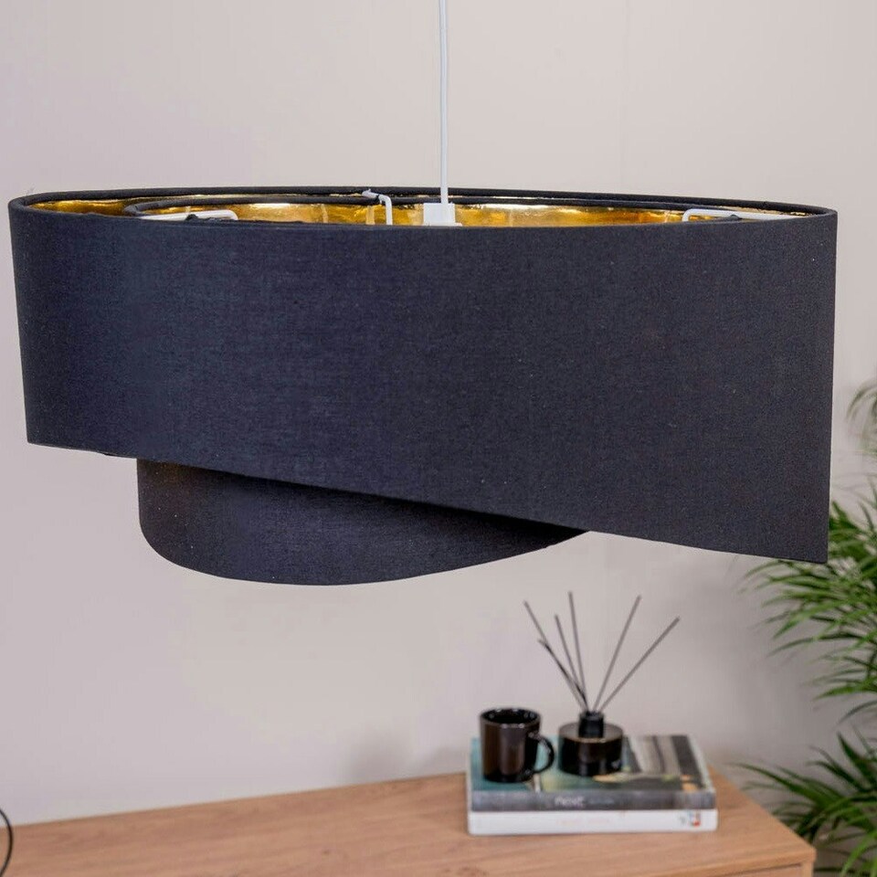 image 1 of ValueLights Trekan Fabric Textured Black Drum Ceiling Pendant Shade and LED Bulb