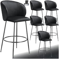 Bar Stool Luana - with backrest, velvet look and padded - Set of 6 Black