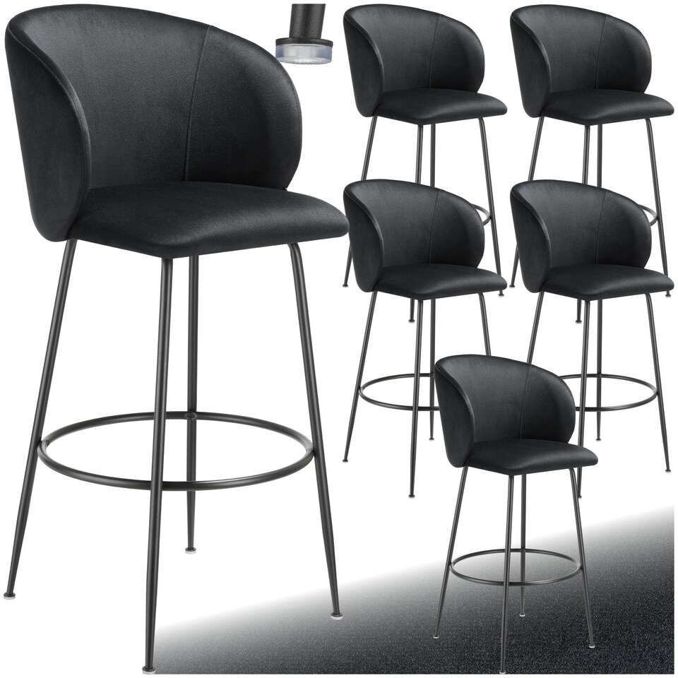 image 1 of Bar Stool Luana - with backrest, velvet look and padded - Set of 6 Black