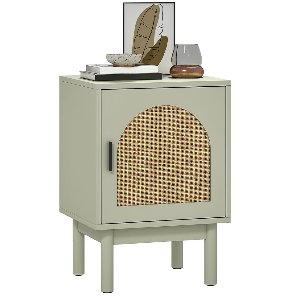 image 1 of HOMCOM Rattan Bedside Table, Boho Bedside Cabinet with Adjustable Shelf and Solid Wood Legs, Side Table for Living Room, Bedroom, Light Green | Green