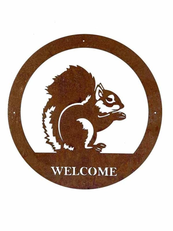 Squirrel Welcome Wall Art - Large - Steel - W49.5 x H49.5 cm - Bare Metal/Ready to Rust | Brown