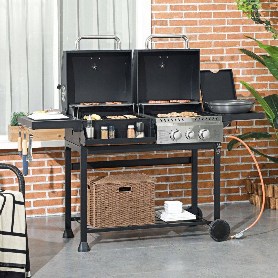 image 1 of Outsunny Dual Fuel BBQ Grill with Wheels, Warming Rack, Black