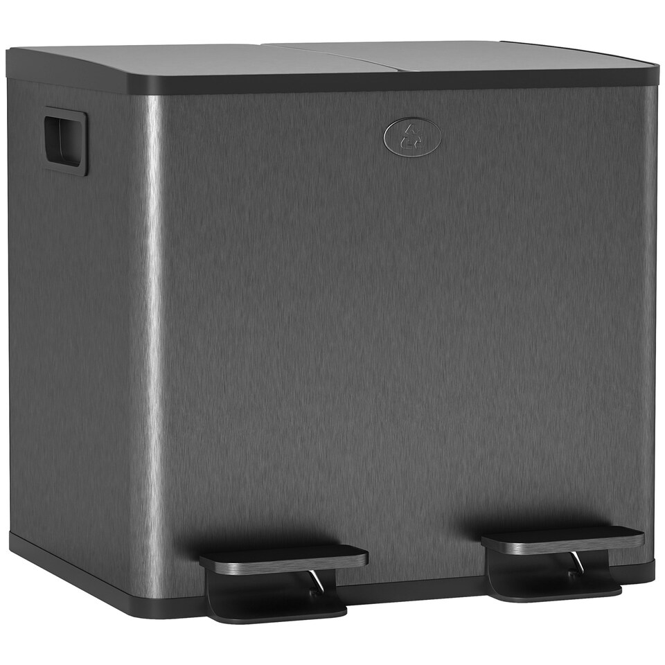 image 1 of HOMCOM 2 x 15L Dual Kitchen Bin Pedal Bin for Recycling and Waste, Black Black | 41.7L x 36.6W x 43.2H cm
