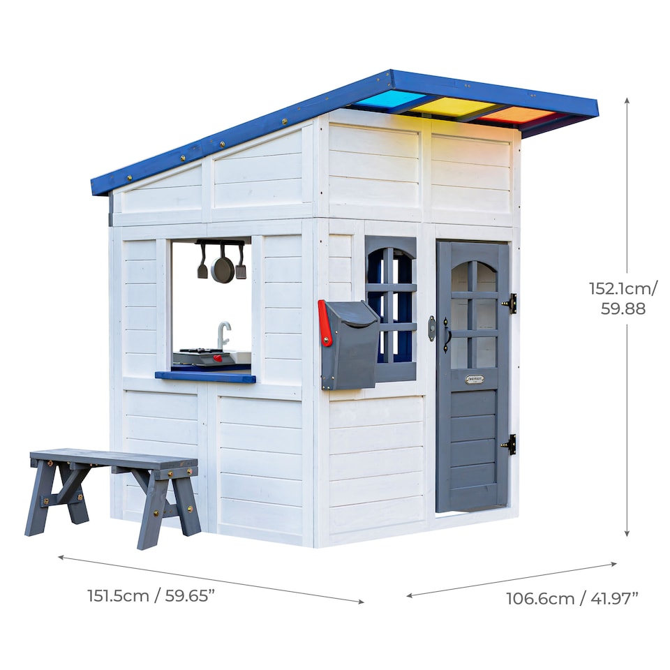 image 1 of Teamson Kids Wooden Playhouse Wendy House with Rainbow Shade, Kitchen, Flower Box & Bench, White