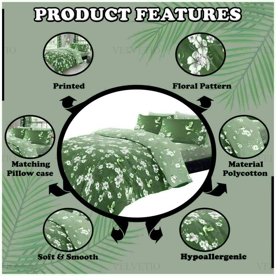 image 1 of VELVETIO Birdie Blossom Printed Duvet Cover Set Reversible Polycotton Beddings Green | King