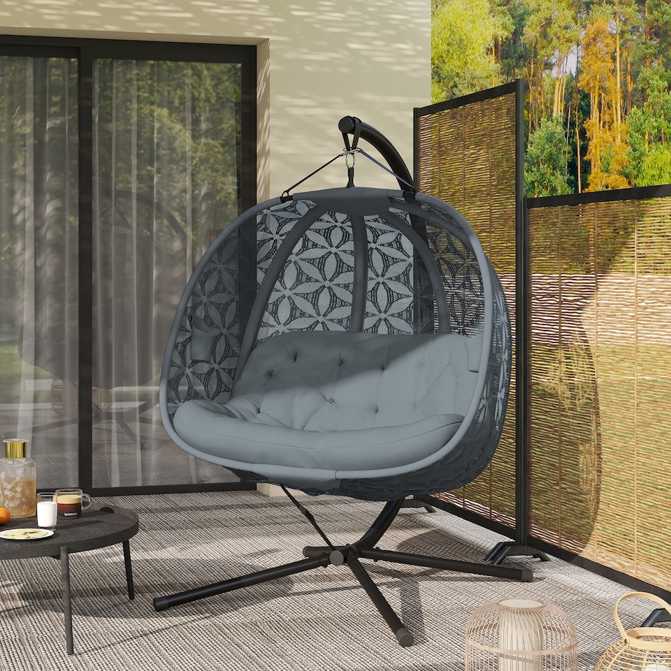 image 1 of Outsunny Double Hanging Swing Chair w/ Stand & Cup Holders, Charcoal Grey | Grey