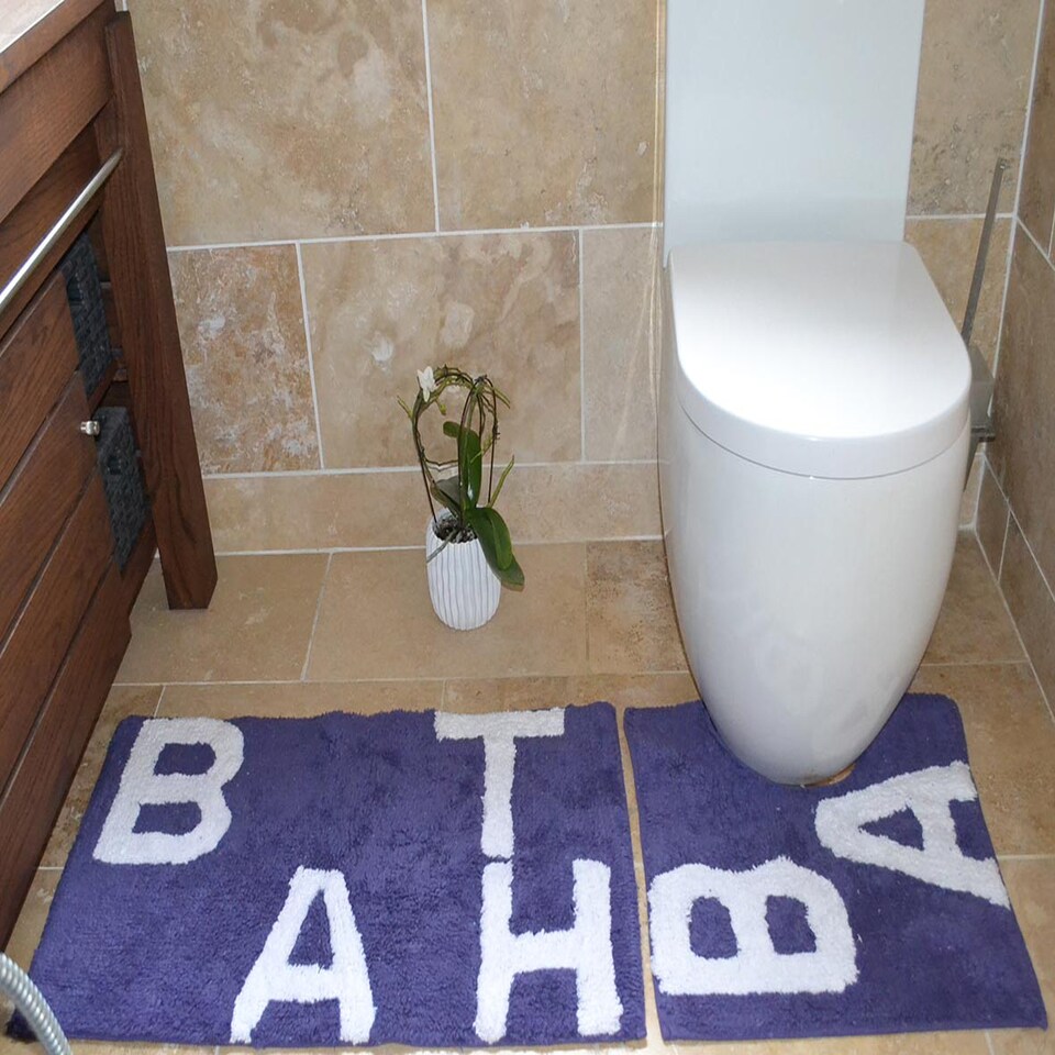 Text 2 Piece Bathroom Cotton Mat and Pedestal Set | Purple
