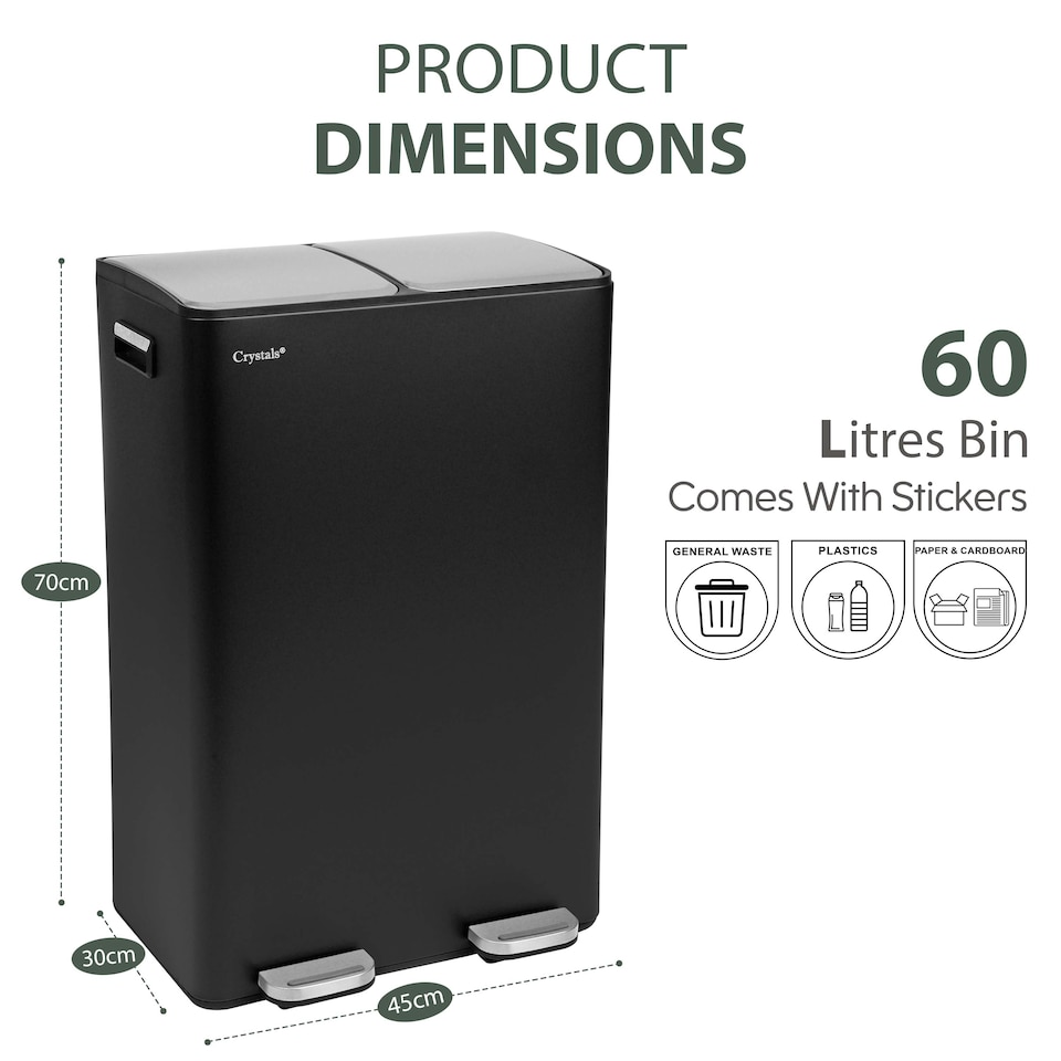 image 1 of Kitchen Rubbish Recycling Pedal Bin 60L Dual 2 Waste Compartment Black Black