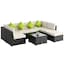 Black rattan, khaki cushions, green pillows