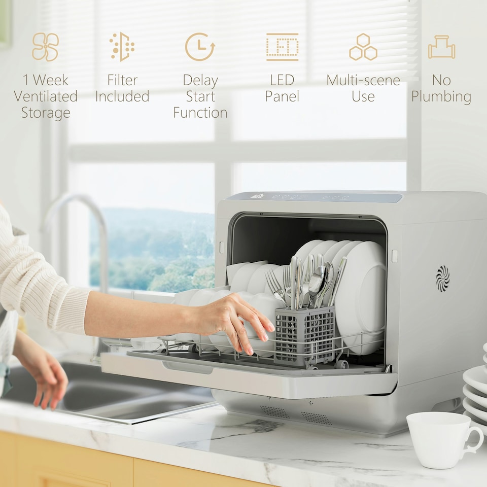 image 1 of HOMCOM Worktop Dishwasher w/ 4 Place Settings 6 Programs, Silver Tone