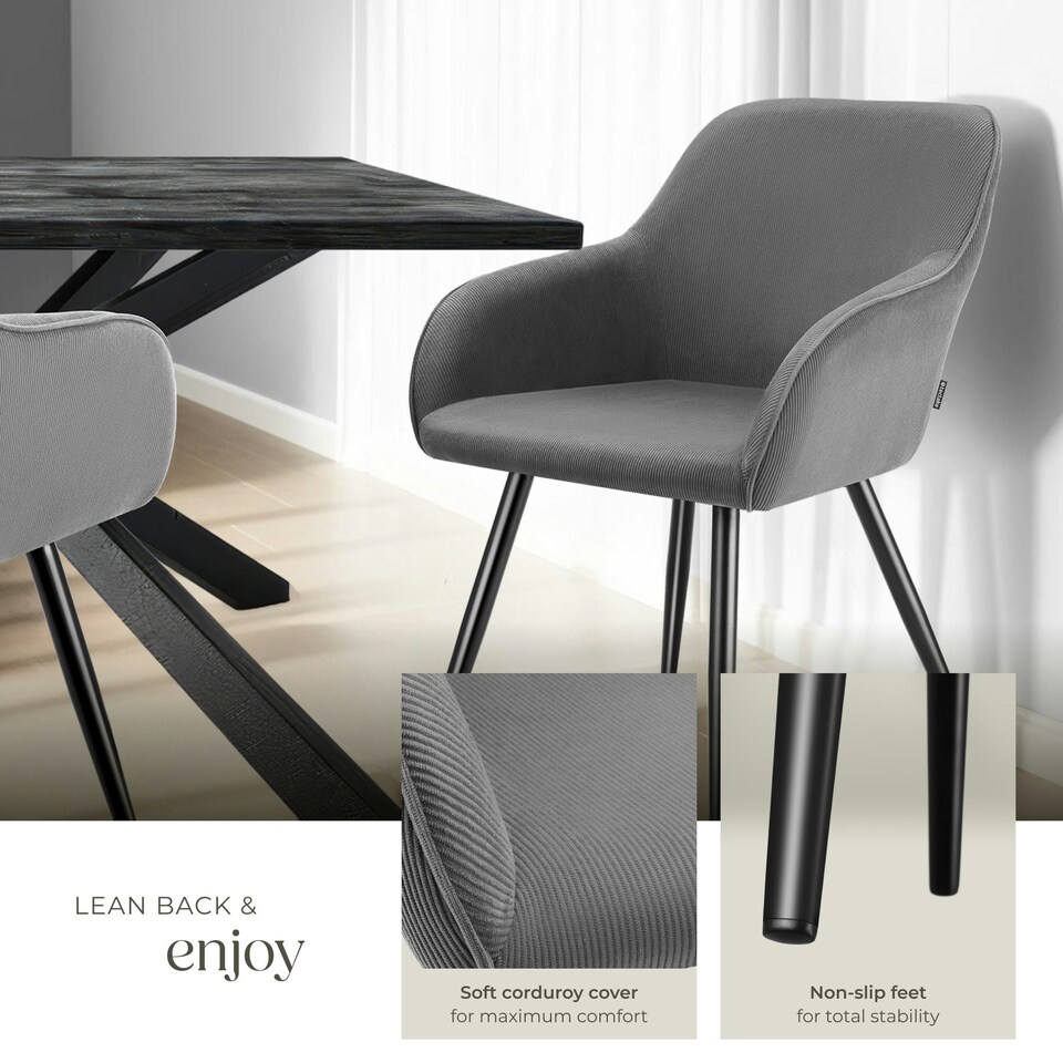 image 1 of Dining Chair Marilyn - corduroy look, upholstered, armchair, continuous backrest - per piece Grey | Grey/Black