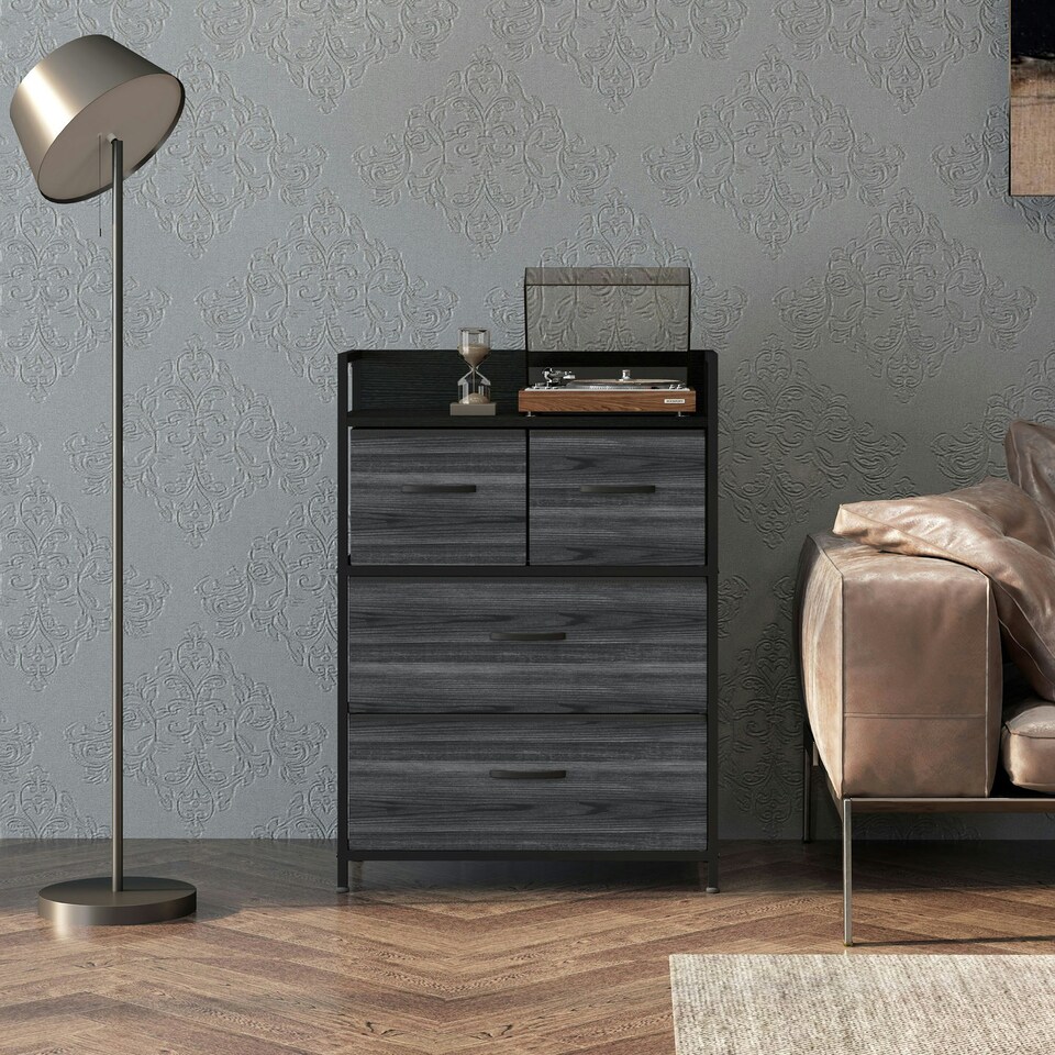 image 1 of HOMCOM Bedroom Chest of Drawers 4 Drawer Dresser w/ Shelf, Black Black