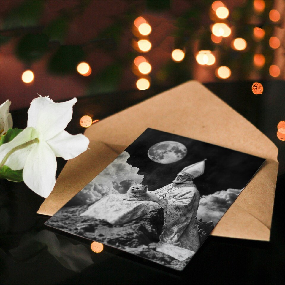 image 1 of Surreal Cat Lover Pope and Moon Black White Birthday Greeting Card