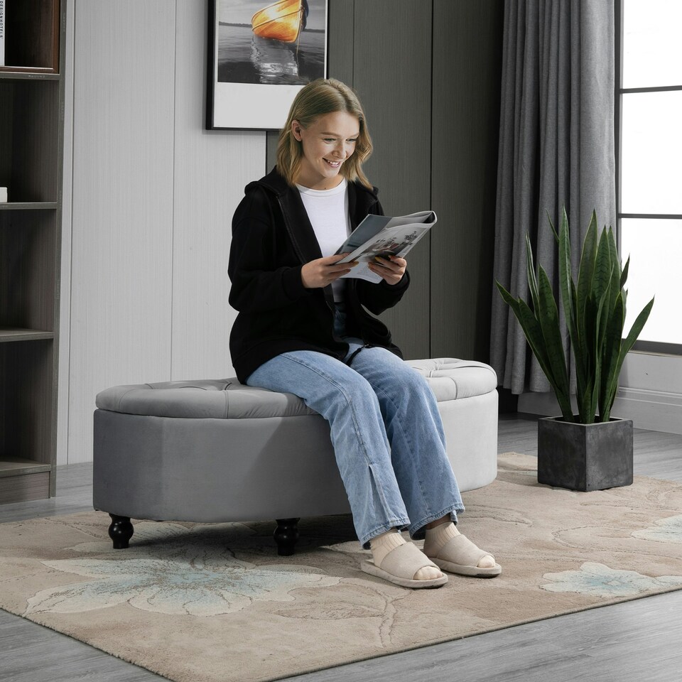 image 1 of HOMCOM Semi-Circle Storage Ottoman Bench Tufted Upholstered Accent Footrest