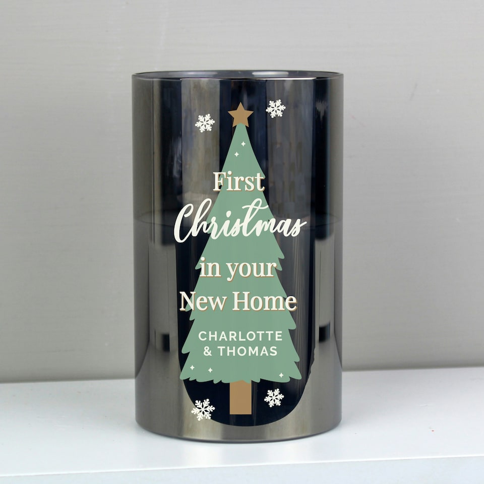 image 1 of Personalised Christmas Tree Smoked Glass LED Candle White