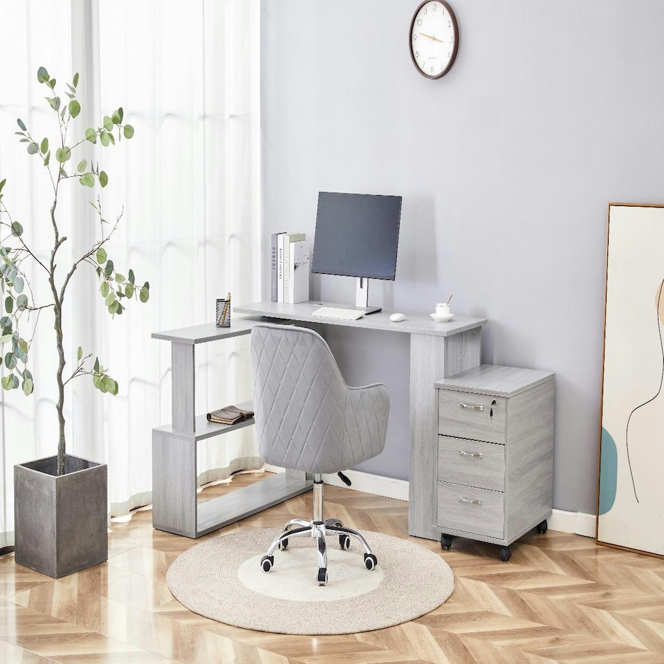 image 1 of Grey Office Desk L-shaped with Grey Velvet Upholstered Chair and Storage Drawers Grey