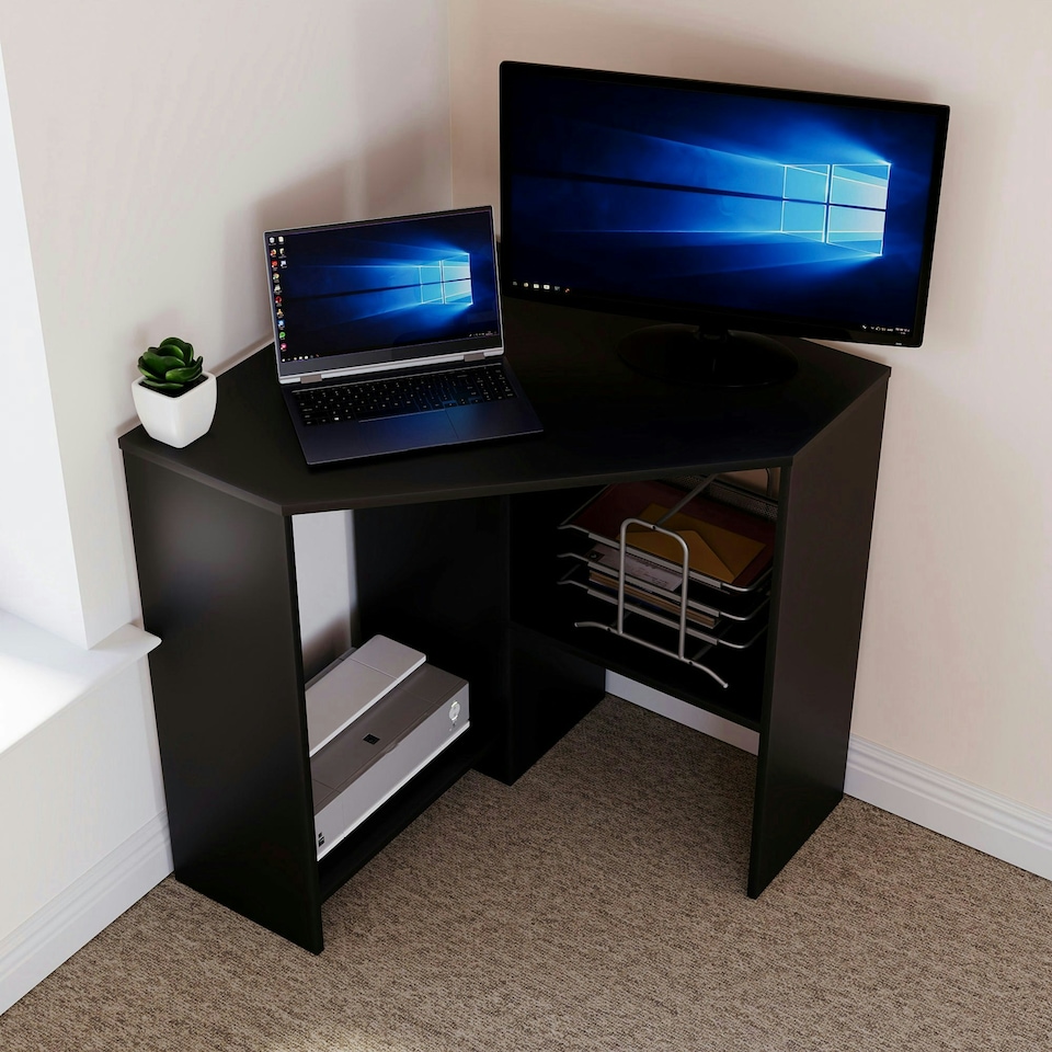 image 1 of Vida Designs Hetton Corner Computer Desk 2 Shelf Home Office Workstation, Black