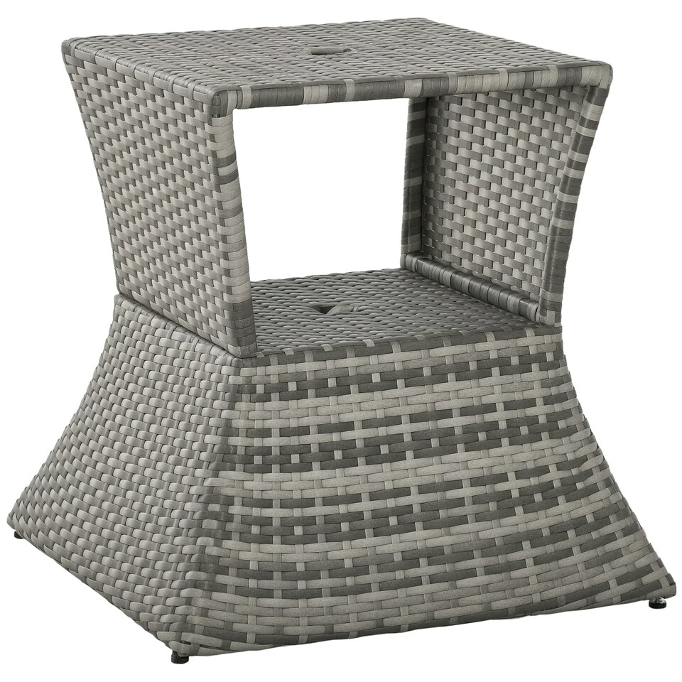 image 1 of Outsunny Rattan Wicker Tea Coffee Table w/ Umbrella Hole and Storage Space Grey