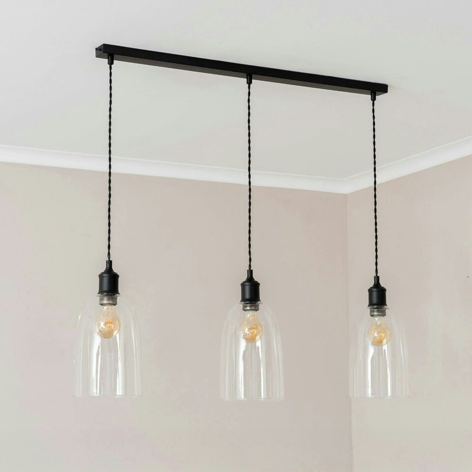 image 1 of ValueLights Kira Glass Cloche Dome 3 Drop Bar Matte Black Diner Ceiling Pendant Light Black