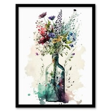 Elegant Wildflower Bouquet Glass Bottle Vase Black Framed Wall Art Print A4