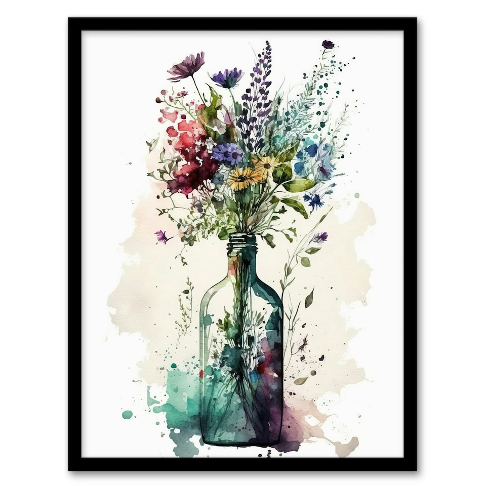 image 1 of Elegant Wildflower Bouquet Glass Bottle Vase Black Framed Wall Art Print A4