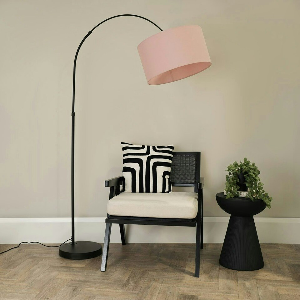 image 1 of ValueLights Louis Black Arched Curved Floor Lamp Blush Pink Shade