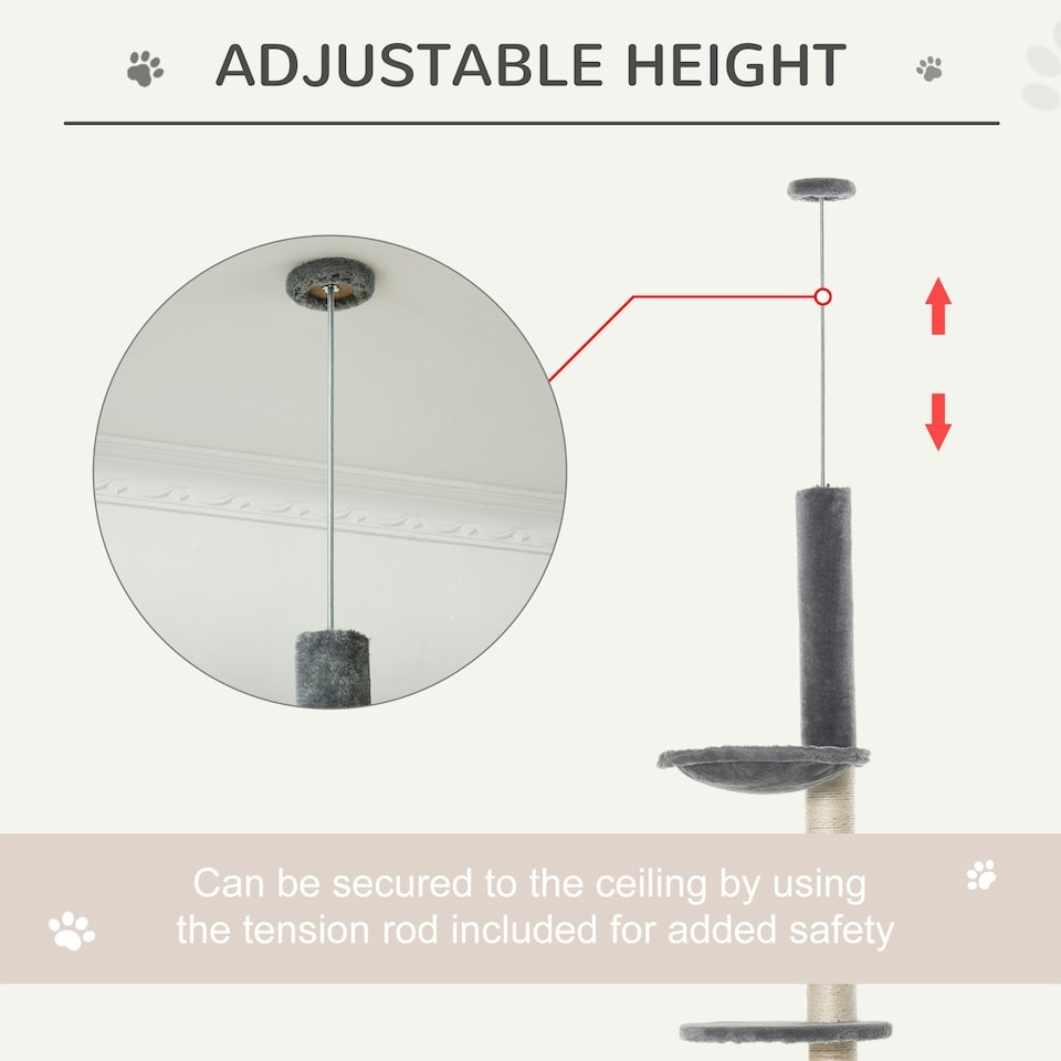 image 1 of PawHut 270cm Floor To Ceiling Cat Tree Scratching Post with Hammock, Grey