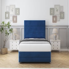 Sloomy Monaco Navy Plush Divan Bed With Mattress 2 Drawers Footend With 54" Floor Standing Headboard & 12" Matching Footboard 6' Super King | Blue | Navy | Super King | 1
