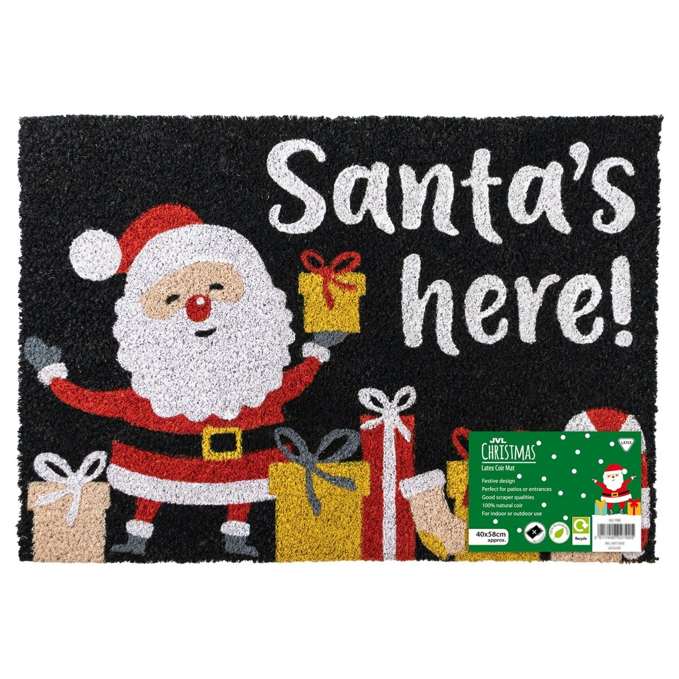image 1 of JVL Festive Christmas Coir Doormat with Latex Back 40x58cm, Santa