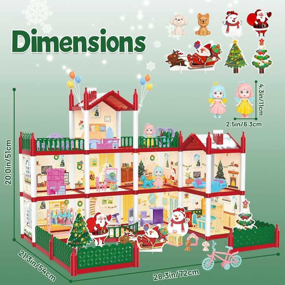 image 1 of Christmas Doll House Playset - 3D DIY Two-Story Dream Home with Accessories & Garden Holiday Gift for Kids Ages 3 plus