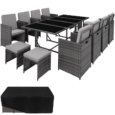 Garden Table and Chairs Palma - 12 seats with cushions, dining table, rain cover | Grey | grey/light grey | 53 x 53 x 87 cm | 1