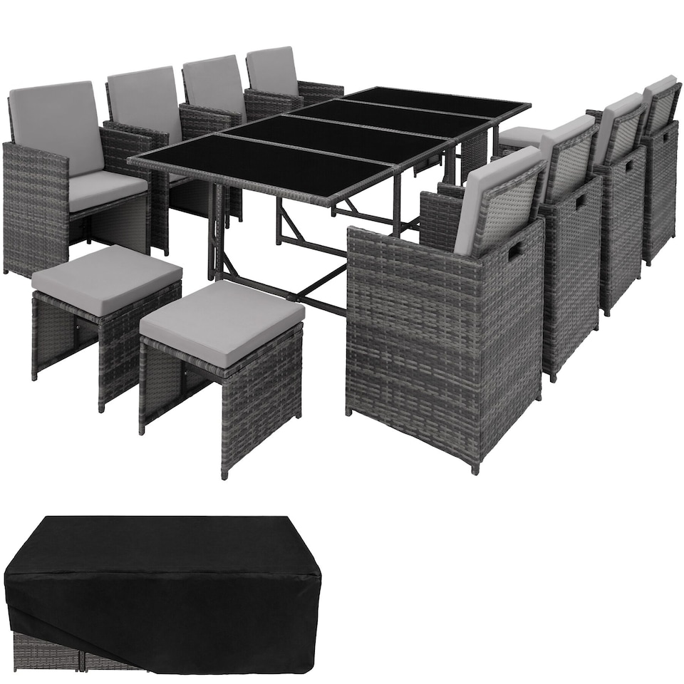image 1 of Garden Table and Chairs Palma - 12 seats with cushions, dining table, rain cover | Grey | grey/light grey | 53 x 53 x 87 cm | 1