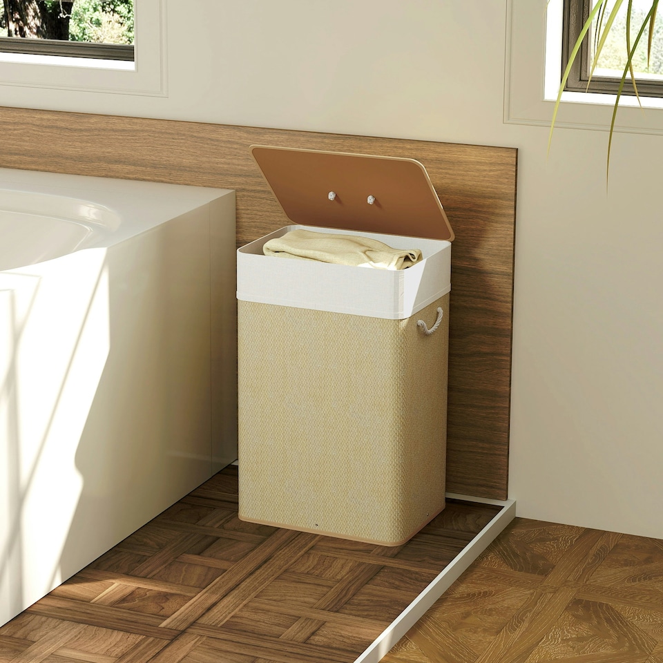 image 1 of HOMCOM Laundry Hamper with Removable Washable Liner Bag, Nature Wood Finish Brown | Cream